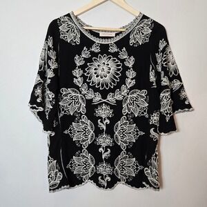 Solitaire Black Rayon Embroidered Floral Scalloped Hem Top 18-669 Womens